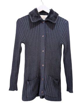 90s Vintage Express Tricot Penny Lane Faux Fur Collar Ribbed Cardigan Hong Kong